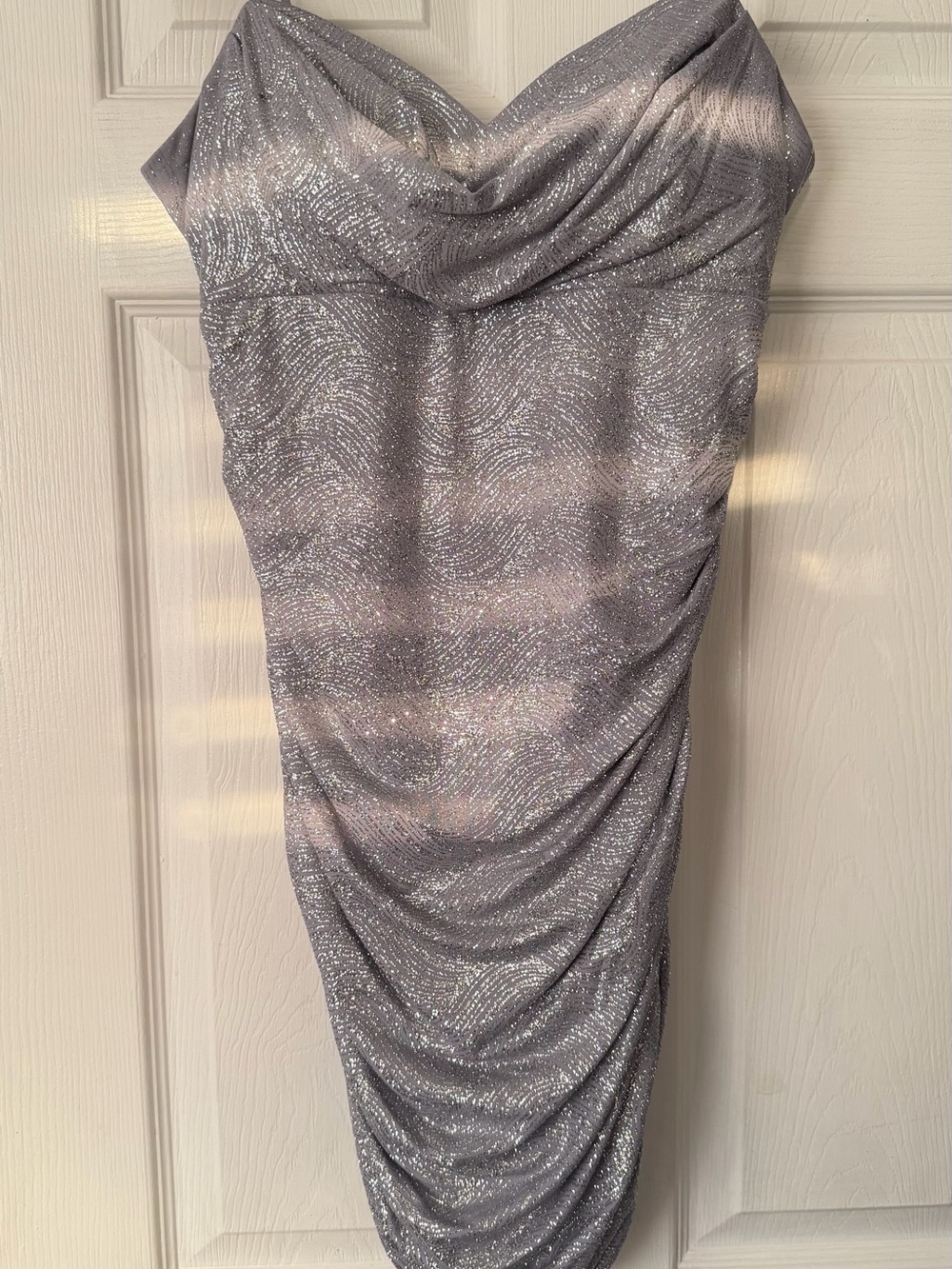 Emerald Sundae Silver Lavender Shimmer Cowl Neck Cocktail Dress